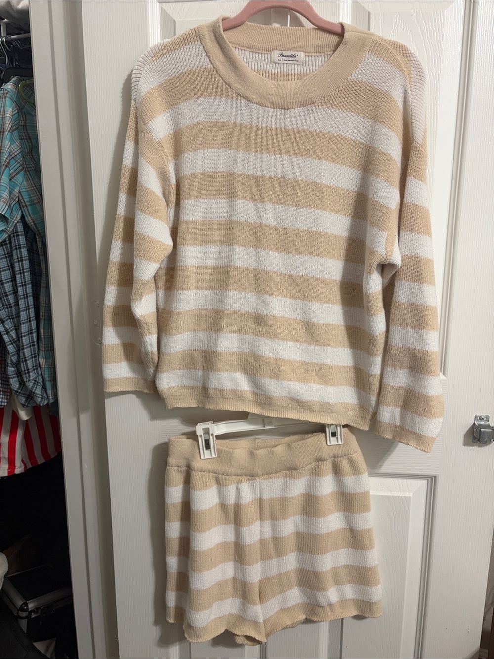 Cozy Striped Knit Set - Beige & White
